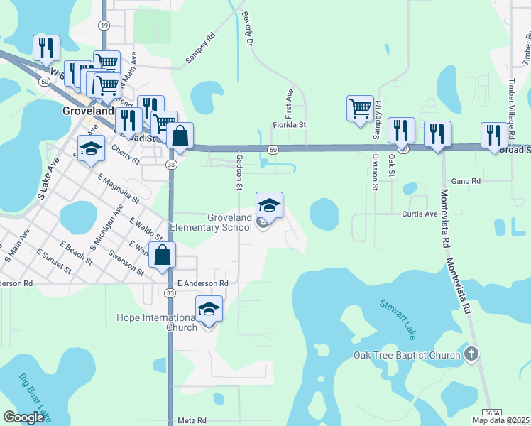 map of restaurants, bars, coffee shops, grocery stores, and more near 930 Parkwood Street in Groveland