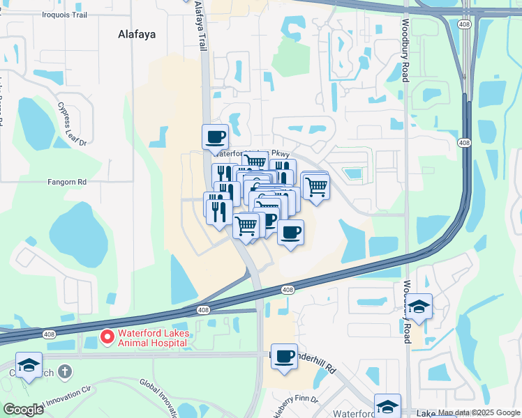 map of restaurants, bars, coffee shops, grocery stores, and more near 413 North Alafaya Trail in Orlando