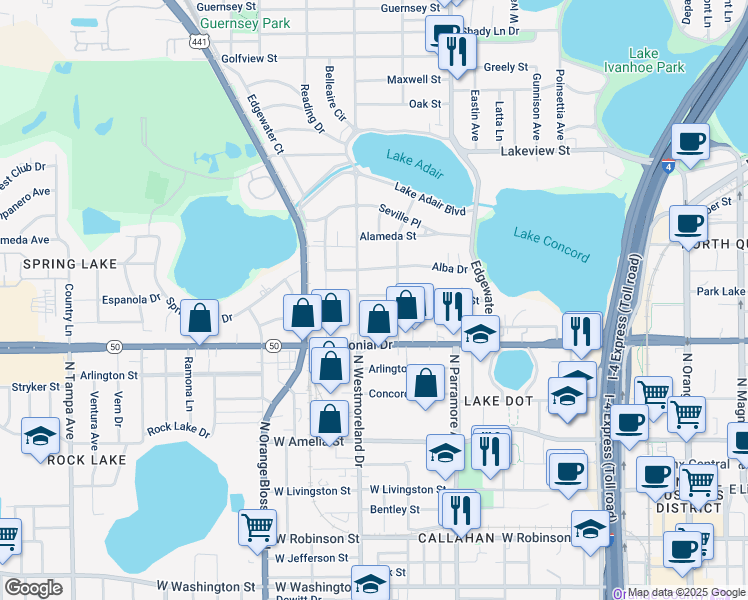 map of restaurants, bars, coffee shops, grocery stores, and more near 731 North Westmoreland Drive in Orlando