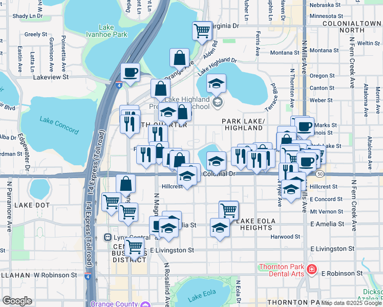 map of restaurants, bars, coffee shops, grocery stores, and more near 718 Highland Avenue in Orlando