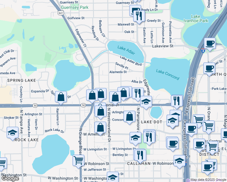 map of restaurants, bars, coffee shops, grocery stores, and more near 731 North Westmoreland Drive in Orlando