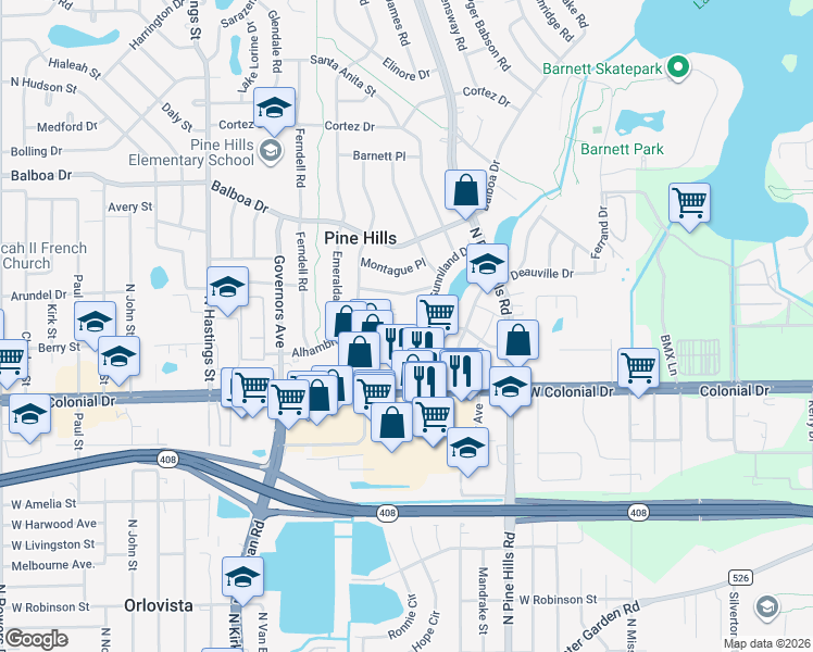 map of restaurants, bars, coffee shops, grocery stores, and more near 5221 West Colonial Drive in Orlando