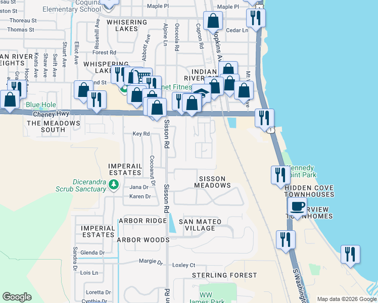 map of restaurants, bars, coffee shops, grocery stores, and more near 4800 Tuscarora Road in Titusville