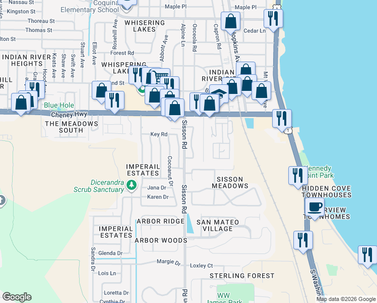map of restaurants, bars, coffee shops, grocery stores, and more near 4825 East Key Drive in Titusville