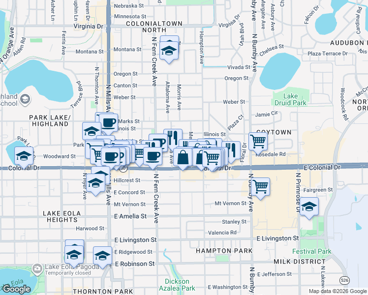 map of restaurants, bars, coffee shops, grocery stores, and more near 1814 Woodward Street in Orlando