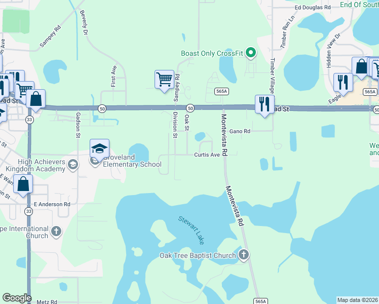 map of restaurants, bars, coffee shops, grocery stores, and more near 14234 Oak Street in Groveland