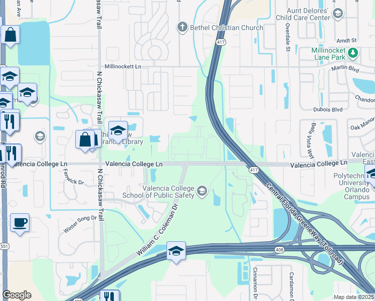 map of restaurants, bars, coffee shops, grocery stores, and more near 1000 Avida Village Circle in Orlando