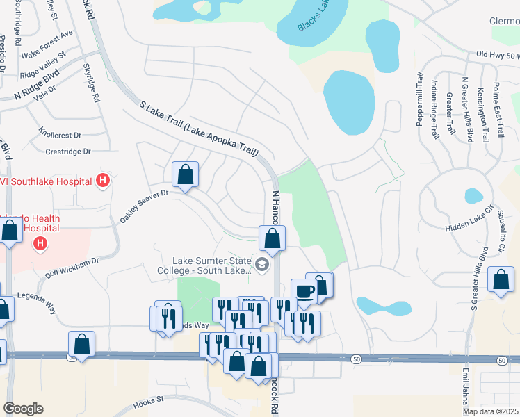 map of restaurants, bars, coffee shops, grocery stores, and more near 966 Princeton Drive in Clermont