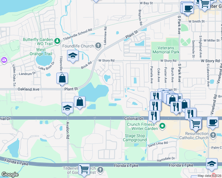 map of restaurants, bars, coffee shops, grocery stores, and more near 820 Eagle Vista Way in Winter Garden