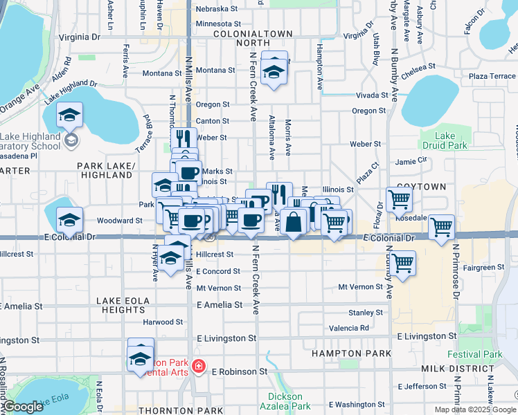 map of restaurants, bars, coffee shops, grocery stores, and more near 813 North Fern Creek Avenue in Orlando