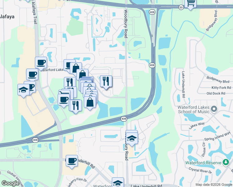 map of restaurants, bars, coffee shops, grocery stores, and more near 1301 Waterford Oak Drive in Orlando