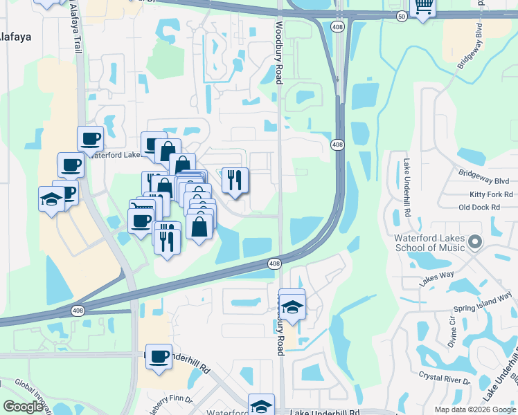 map of restaurants, bars, coffee shops, grocery stores, and more near 1317 Waterford Oak Drive in Orlando
