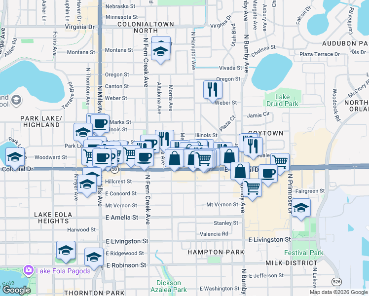 map of restaurants, bars, coffee shops, grocery stores, and more near 1900 Park Lake Street in Orlando