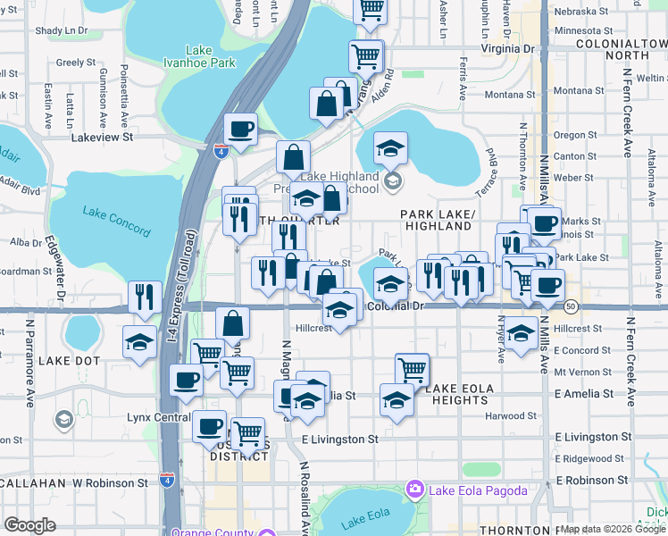 map of restaurants, bars, coffee shops, grocery stores, and more near 815 Irma Avenue in Orlando