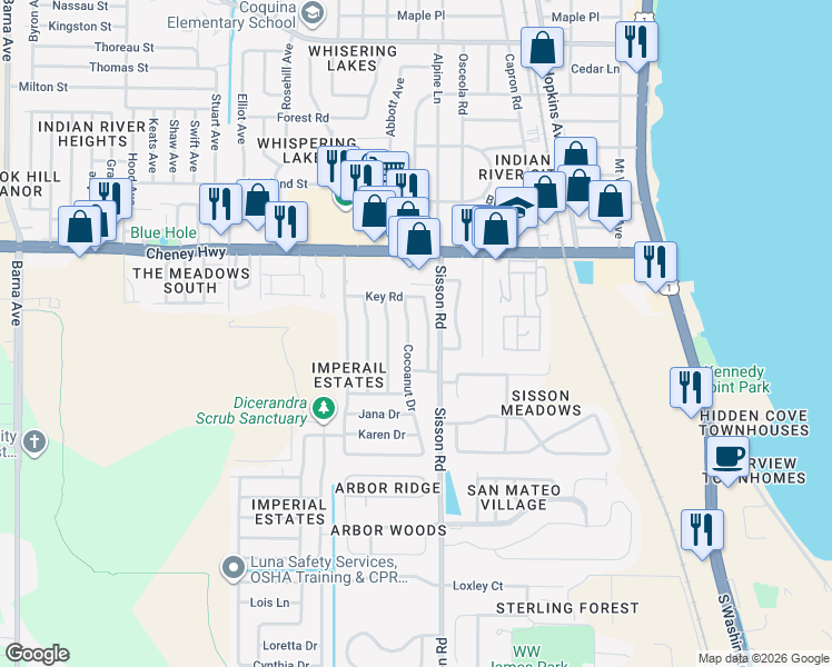 map of restaurants, bars, coffee shops, grocery stores, and more near 4750 Cocoanut Drive in Titusville