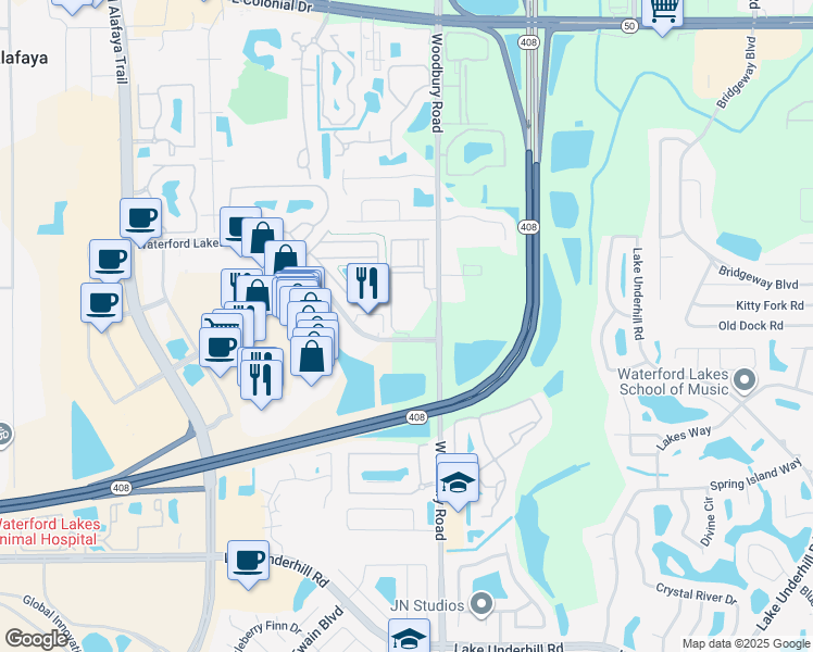 map of restaurants, bars, coffee shops, grocery stores, and more near 1317 Waterford Oak Drive in Orlando