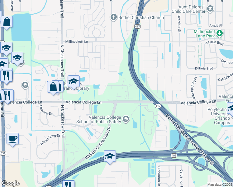 map of restaurants, bars, coffee shops, grocery stores, and more near 8501-8589 Valencia Village Lane in Orlando