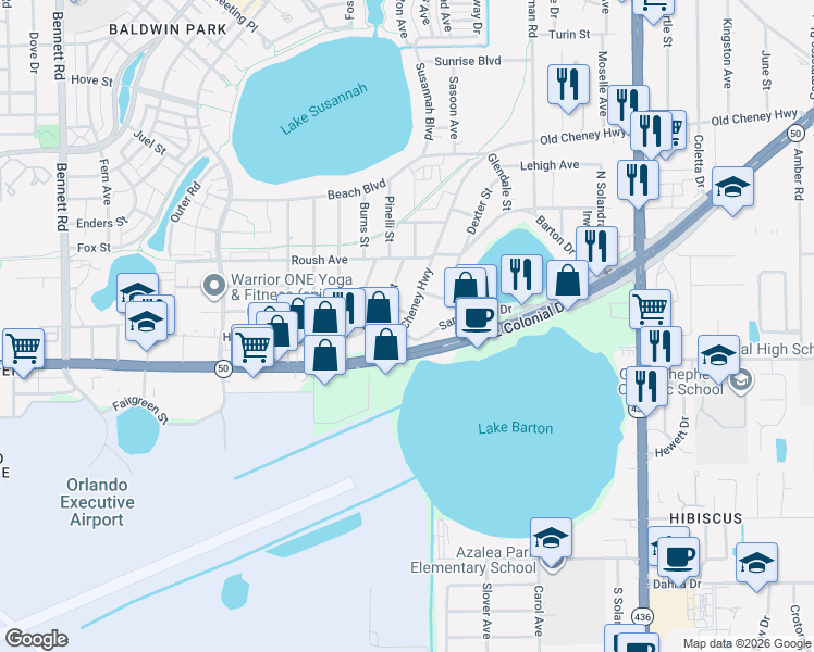 map of restaurants, bars, coffee shops, grocery stores, and more near 5056 Old Cheney Highway in Orlando