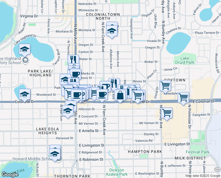 map of restaurants, bars, coffee shops, grocery stores, and more near 813 North Fern Creek Avenue in Orlando