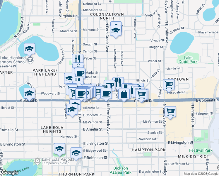 map of restaurants, bars, coffee shops, grocery stores, and more near 813 North Fern Creek Avenue in Orlando