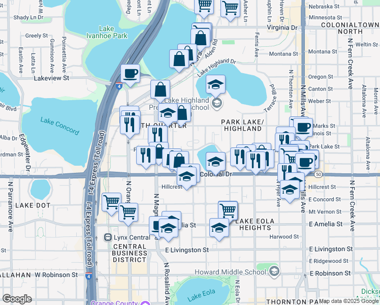 map of restaurants, bars, coffee shops, grocery stores, and more near 821 Highland Avenue in Orlando