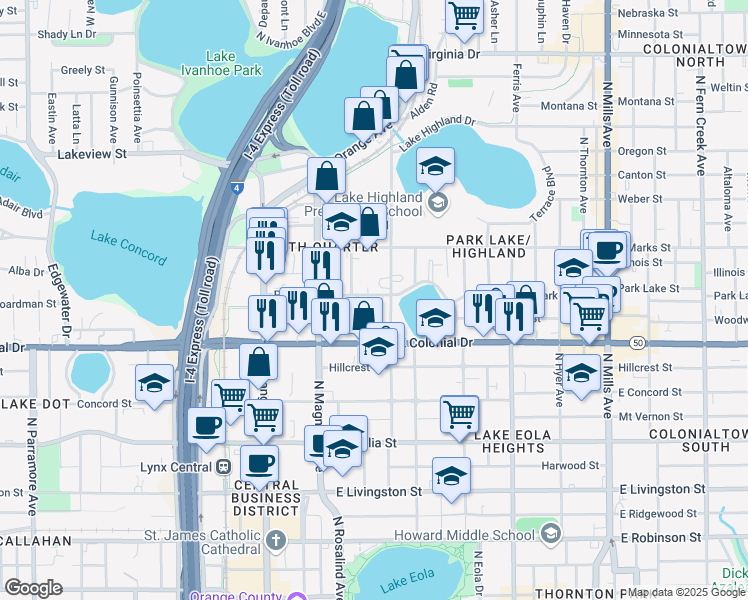 map of restaurants, bars, coffee shops, grocery stores, and more near 815 Irma Avenue in Orlando