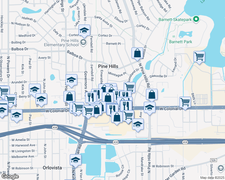 map of restaurants, bars, coffee shops, grocery stores, and more near 5222 Ashwood Place in Orlando