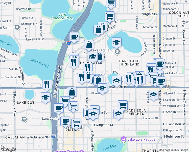 map of restaurants, bars, coffee shops, grocery stores, and more near 815 Irma Avenue in Orlando