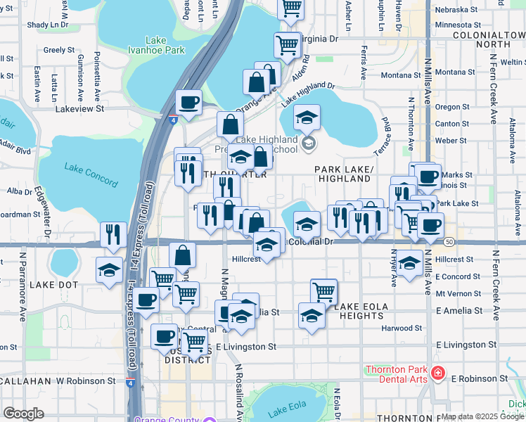 map of restaurants, bars, coffee shops, grocery stores, and more near 815 Irma Avenue in Orlando