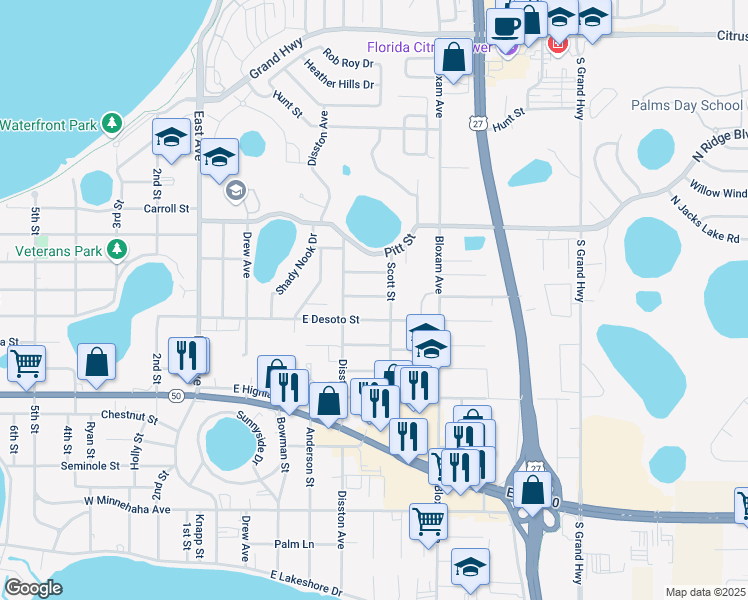 map of restaurants, bars, coffee shops, grocery stores, and more near 567 East Montrose Street in Clermont