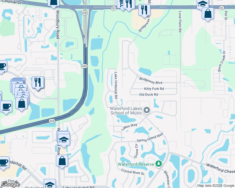 map of restaurants, bars, coffee shops, grocery stores, and more near 14350 Lake Underhill Road in Orlando