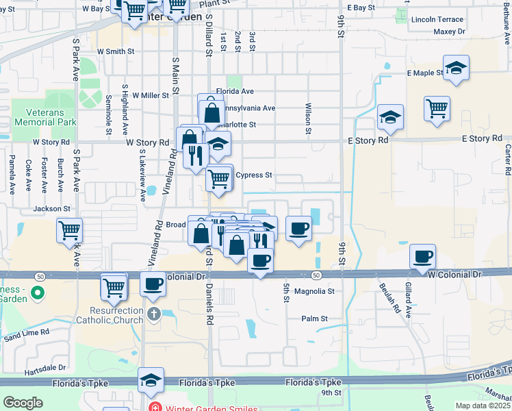 map of restaurants, bars, coffee shops, grocery stores, and more near 529 Grand Royal Circle in Winter Garden