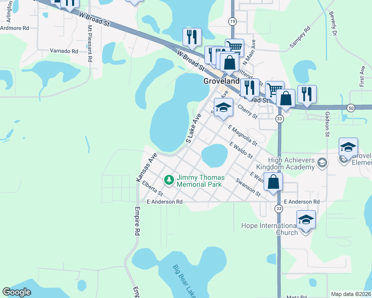 map of restaurants, bars, coffee shops, grocery stores, and more near 745 South Lake Avenue in Groveland