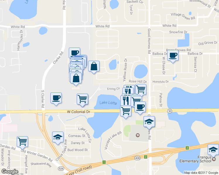 map of restaurants, bars, coffee shops, grocery stores, and more near 9060 Floribunda Drive in Orlando
