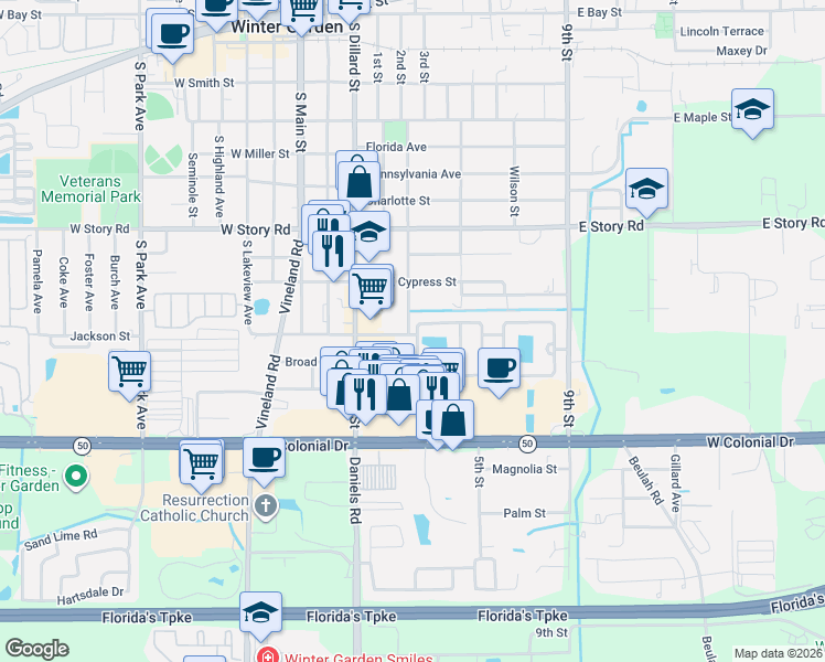map of restaurants, bars, coffee shops, grocery stores, and more near 171 East Palmetto Street in Winter Garden