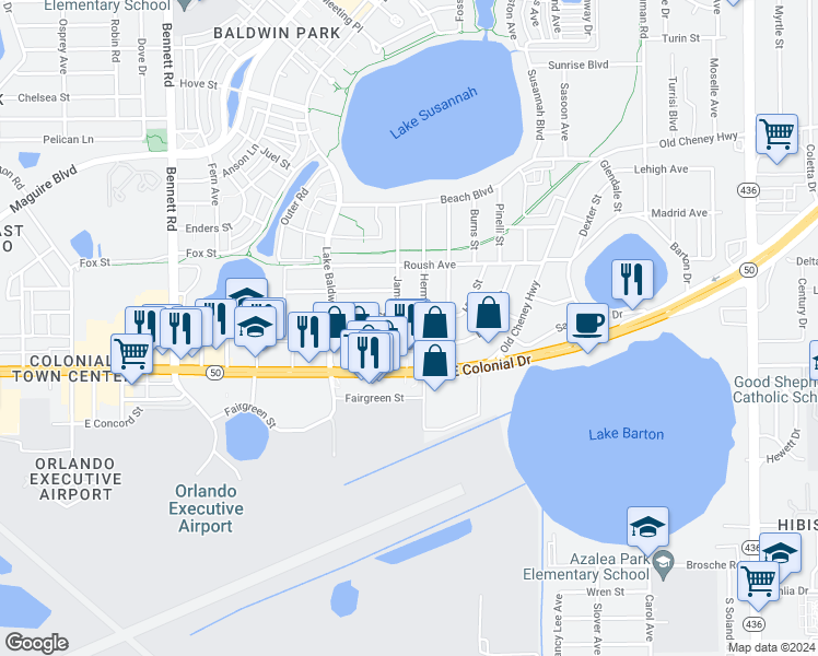 map of restaurants, bars, coffee shops, grocery stores, and more near 813 Jamajo Boulevard in Orlando