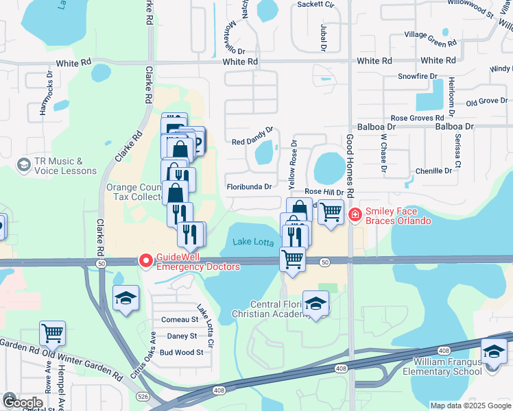 map of restaurants, bars, coffee shops, grocery stores, and more near 1990 Erving Circle in Ocoee