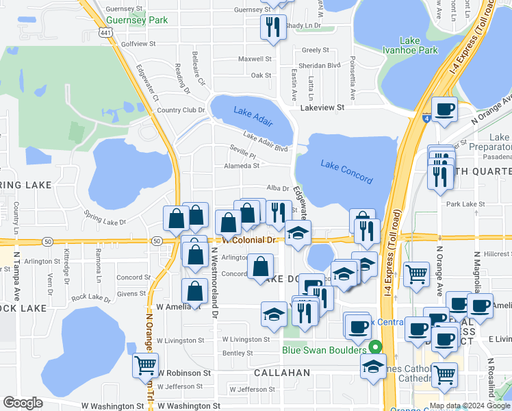 map of restaurants, bars, coffee shops, grocery stores, and more near 730 Alba Drive in Orlando