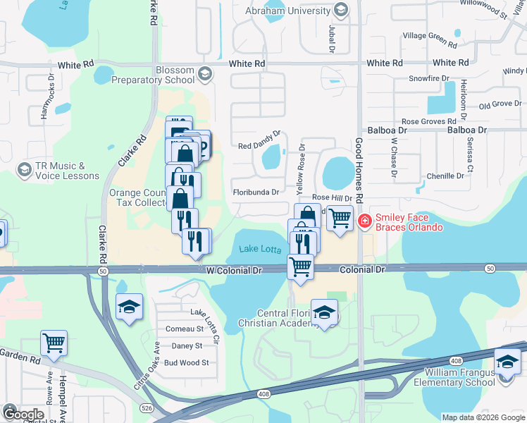 map of restaurants, bars, coffee shops, grocery stores, and more near 9060 Floribunda Drive in Orlando
