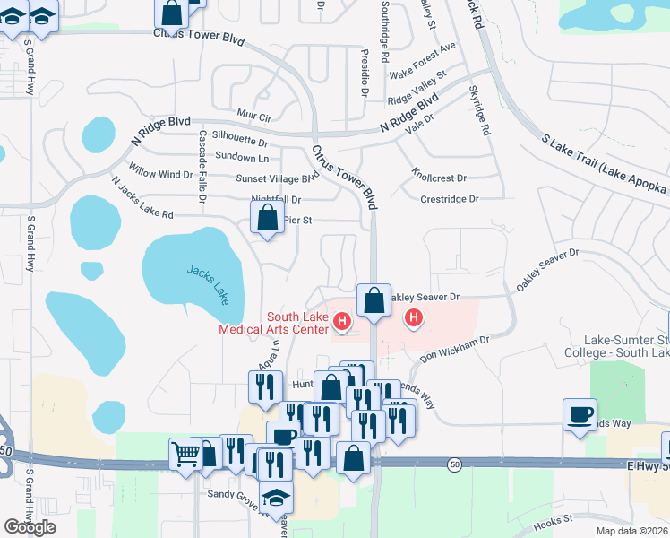 map of restaurants, bars, coffee shops, grocery stores, and more near 600 River Birch Court in Clermont