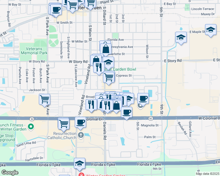 map of restaurants, bars, coffee shops, grocery stores, and more near 723 South Dillard Street in Winter Garden
