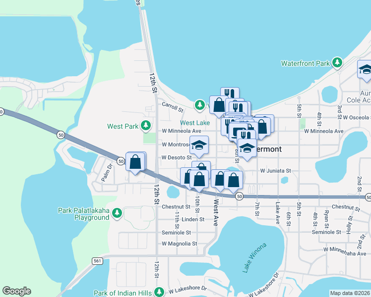 map of restaurants, bars, coffee shops, grocery stores, and more near 1000 West Montrose Street in Clermont
