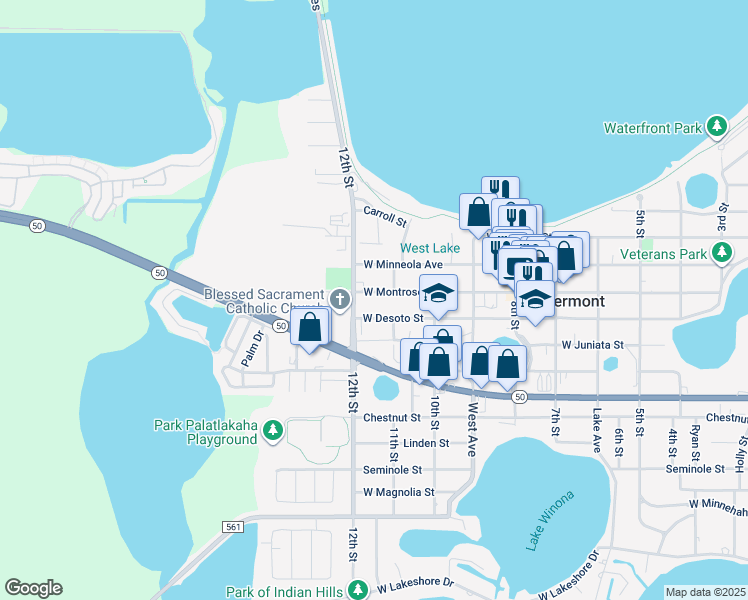 map of restaurants, bars, coffee shops, grocery stores, and more near 1149 West Montrose Street in Clermont