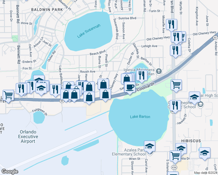 map of restaurants, bars, coffee shops, grocery stores, and more near 744 Eldridge Street in Orlando