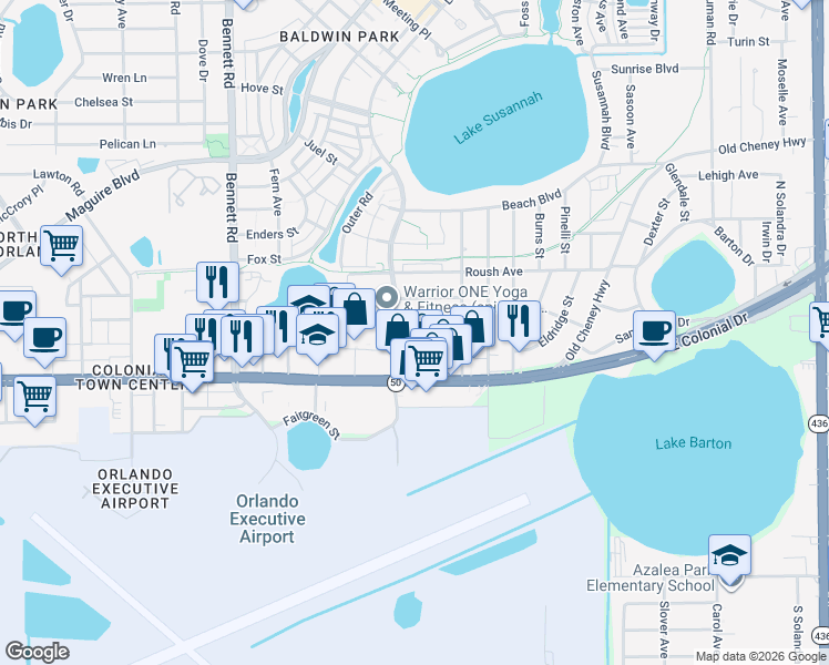 map of restaurants, bars, coffee shops, grocery stores, and more near 4315 Rixey Street in Orlando