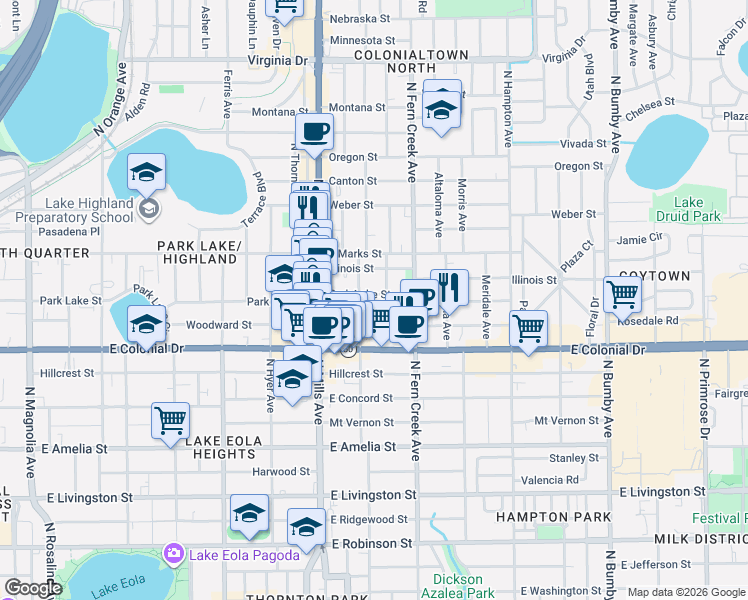 map of restaurants, bars, coffee shops, grocery stores, and more near 803 La Salle Avenue in Orlando