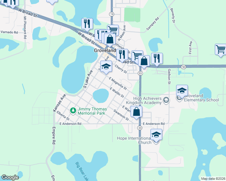 map of restaurants, bars, coffee shops, grocery stores, and more near 358 East Magnolia Street in Groveland