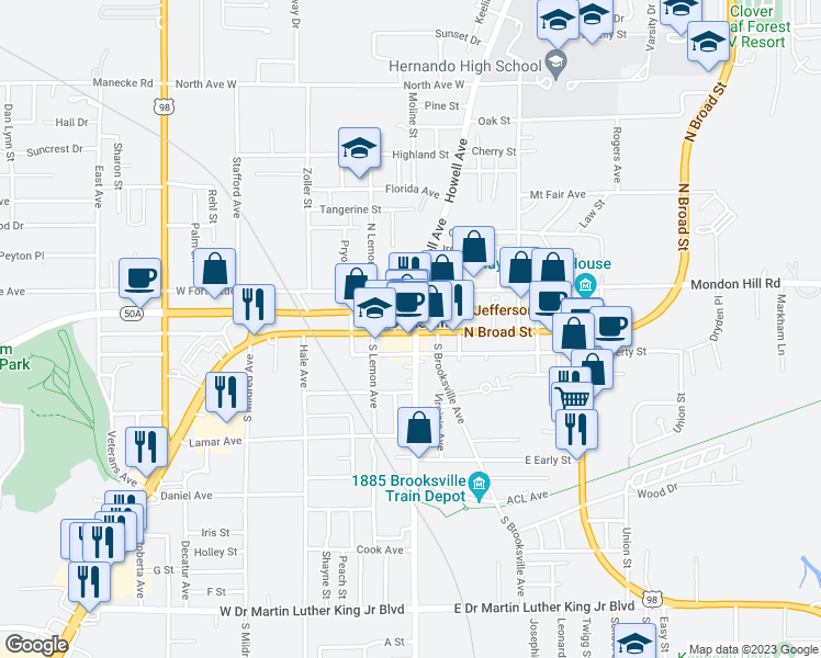 map of restaurants, bars, coffee shops, grocery stores, and more near 1 East Jefferson Street in Brooksville