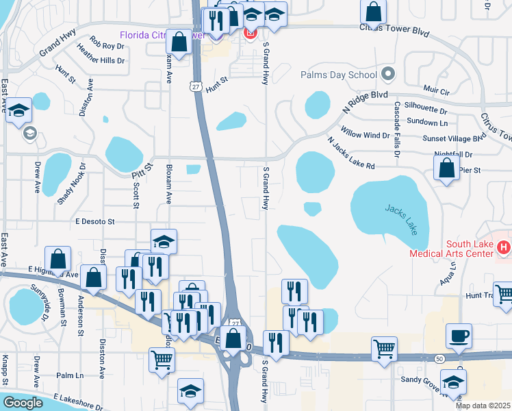 map of restaurants, bars, coffee shops, grocery stores, and more near 680 South Grand Highway in Clermont