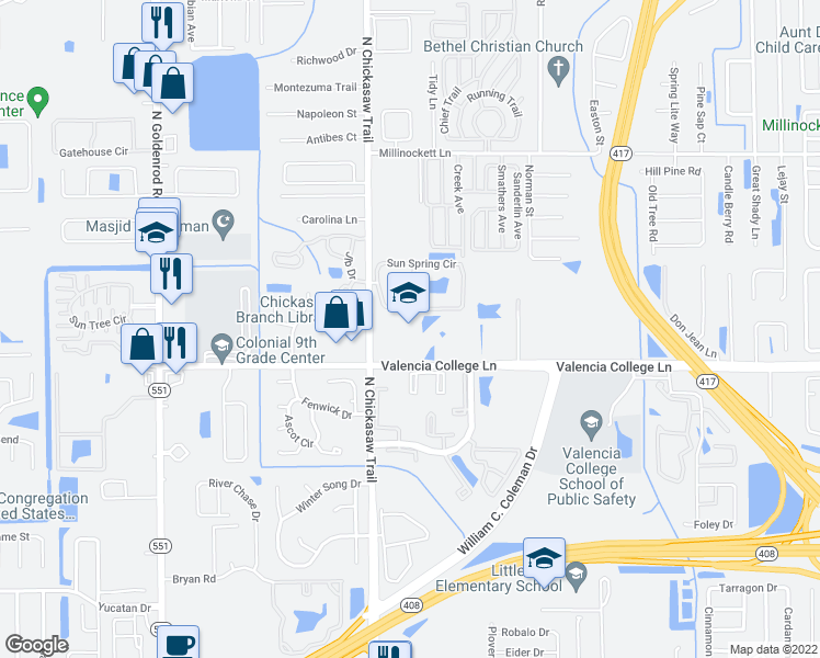 map of restaurants, bars, coffee shops, grocery stores, and more near 8203 Valencia College Lane in Orlando
